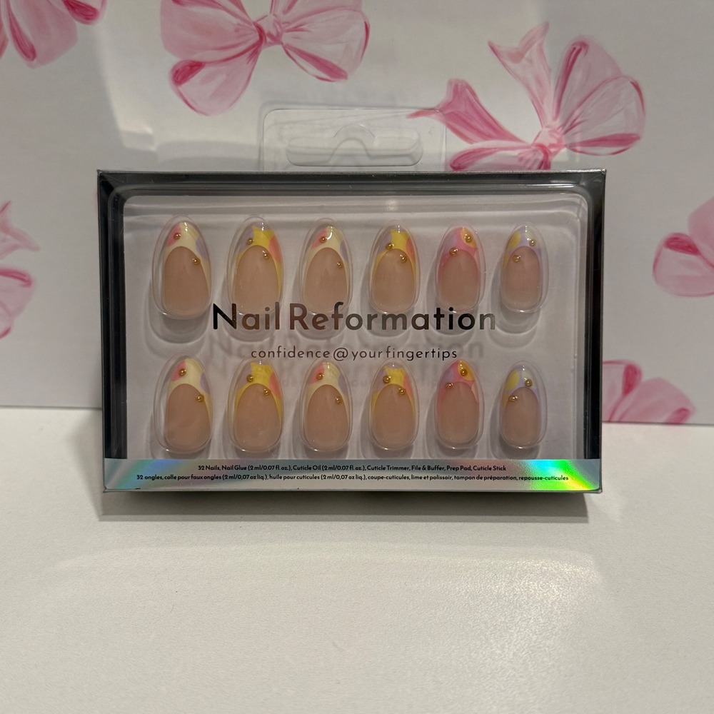 Nail Reformation‎ 32 Press On Nails Kit French Tip Abstract Swirl Gold Studs NEW